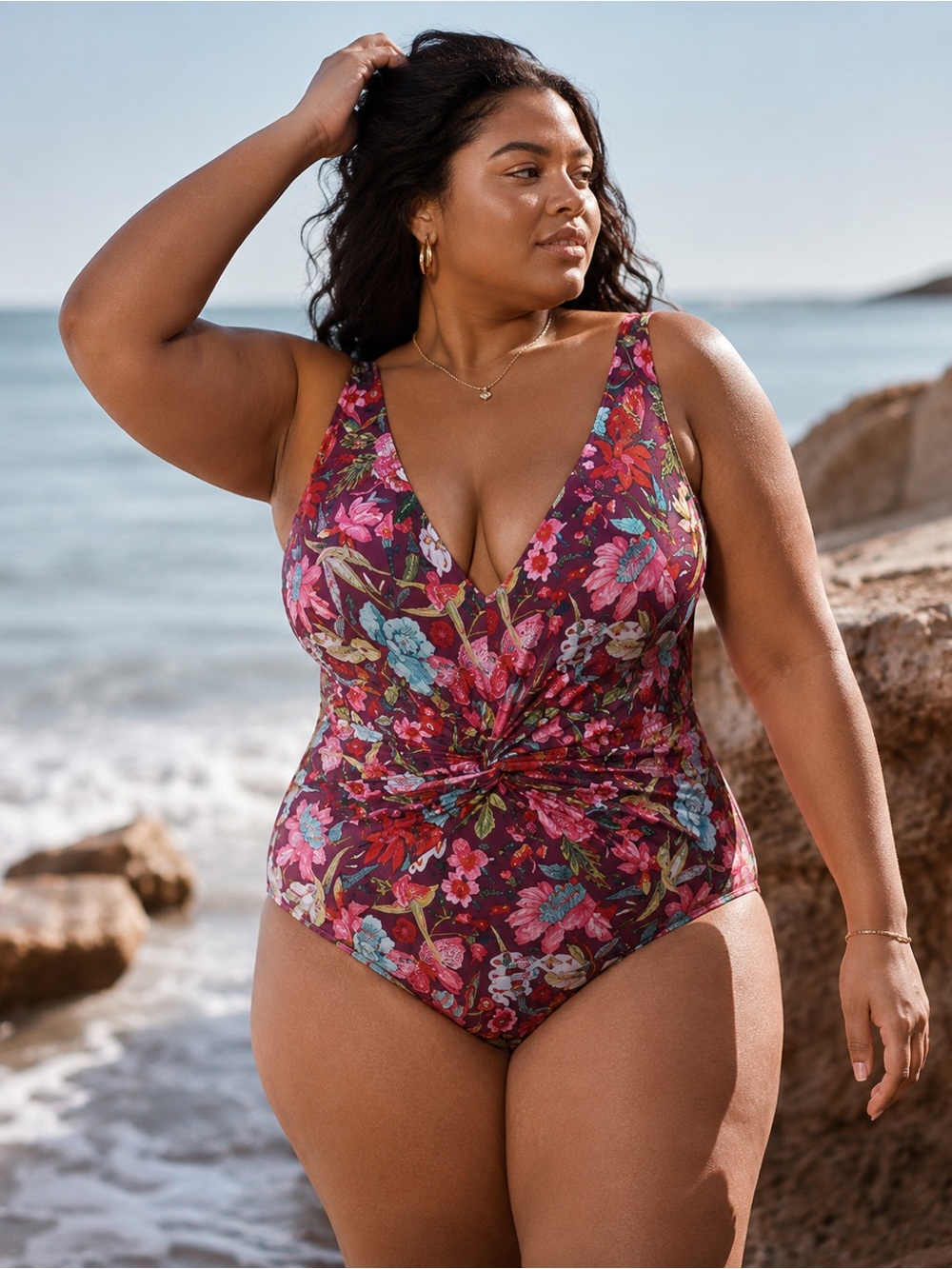 Garnet Hill Floral One Piece Swimsuit Twist Front Plunge Tummy Control Sz 16